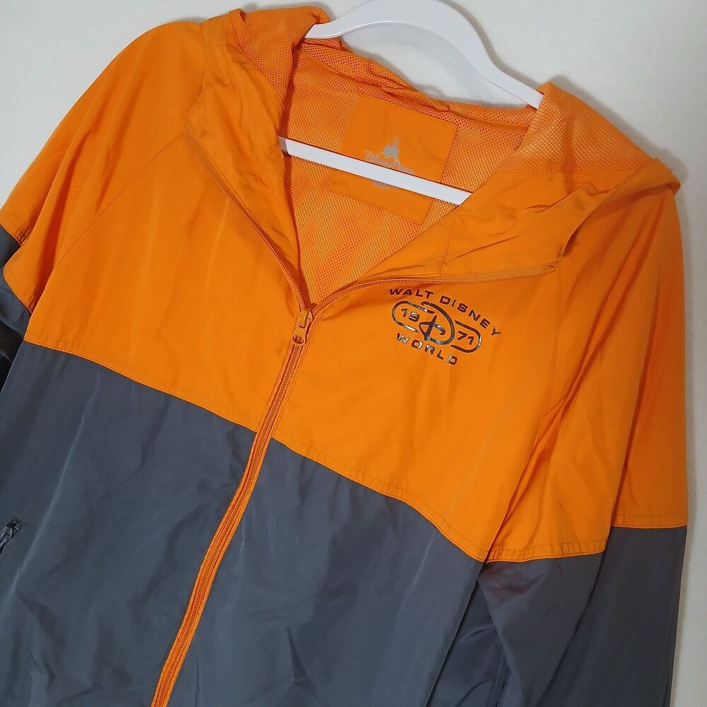 WALT DISNEY WORLD WINDBREAKER SMALL DISNEY PARKS ORANGE GRAY HOODED #1194